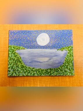 Hand-Painted Moonlit Lake Canvas - Green & Blue 5x7